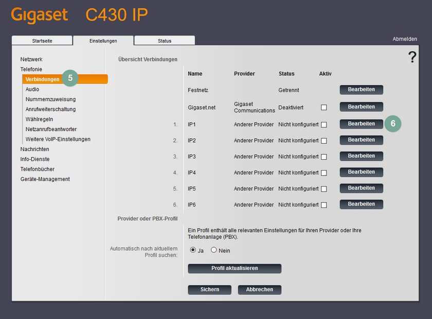 Gigaset C430: Inaktive Verbindungen