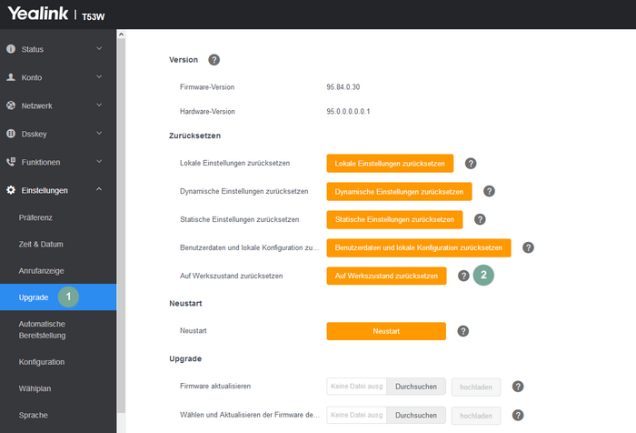 Yealink SIP-T53W: Werkseinstellungen zurücksetzen