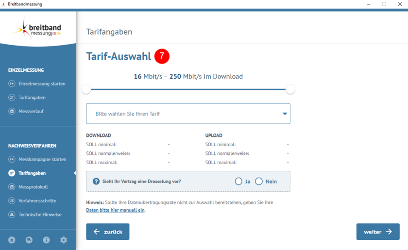 Tarifauswahl zur Bandbreitenmessung