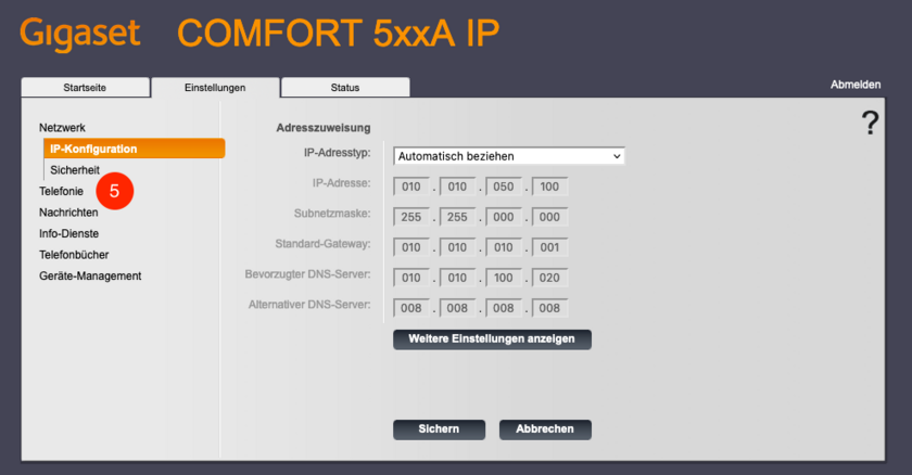 Gigaset COMFORT 500: Menüpunkt Telefonie