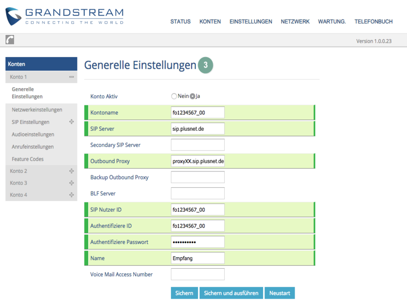 Kontoeinstellungen Grandstream GXP2140