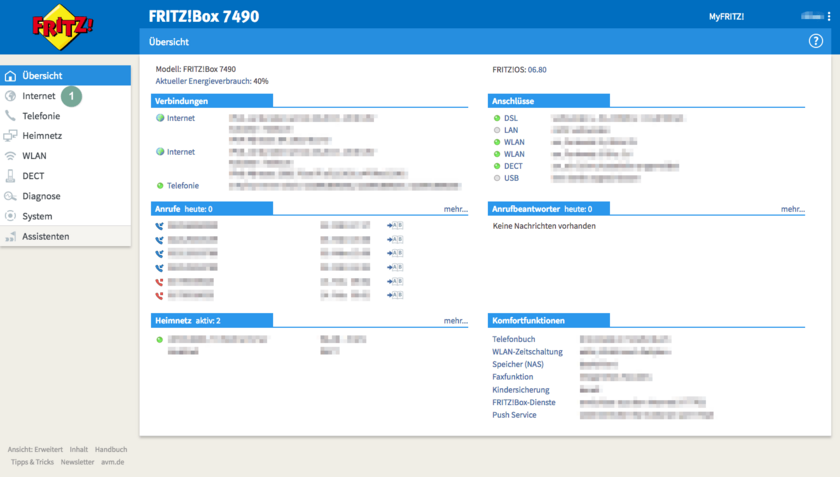 Hauptseite der Fritzbox 7490
