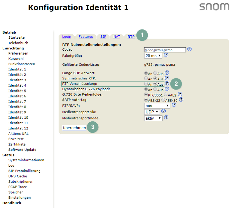 RTP Nebenstelleneinstellungen snom D385