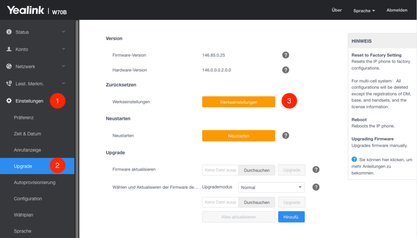 Yealink SIP-W76P: Auf Werkseinstellungen zurücksetzen