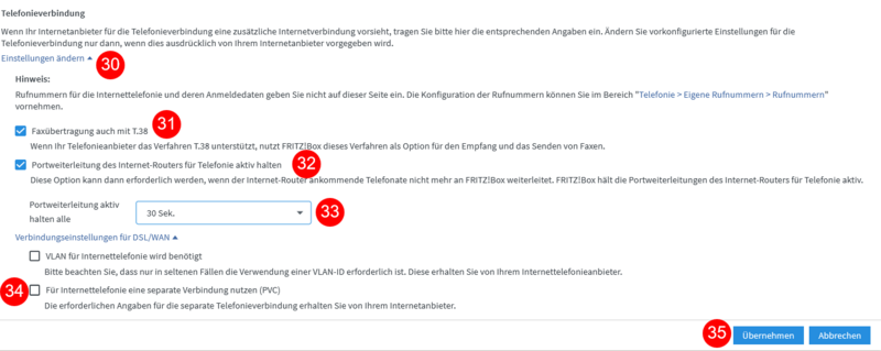 Erweiterte Einstellungen Telefonieverbindung