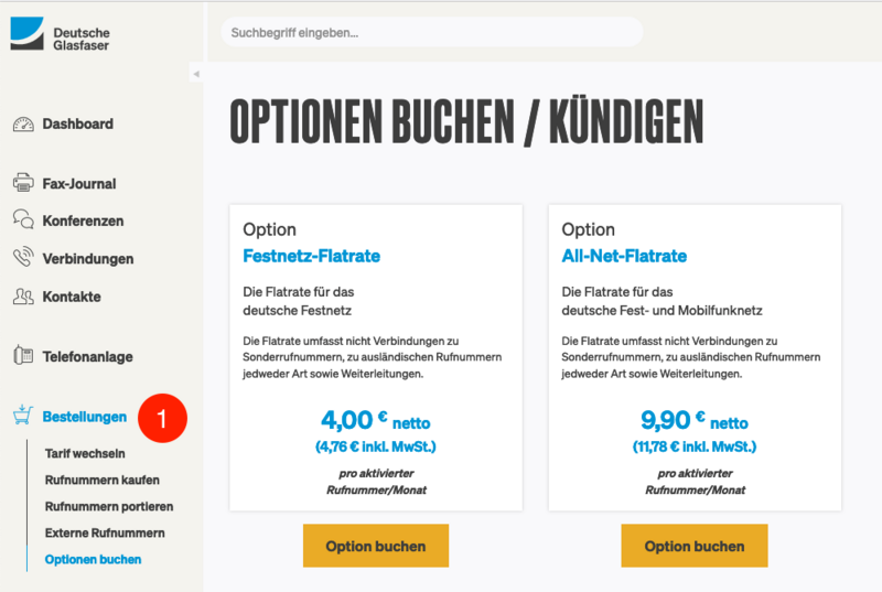 Übersicht Flatrates Deutsche Glasfaser Kundenkonto