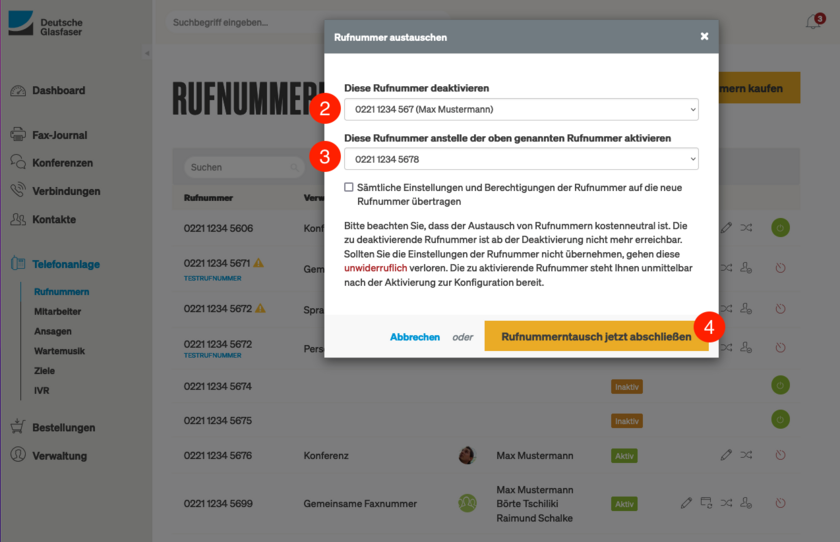 Deutsche Glasfaser Kundenkonto Rufnummern austauschen Schritt 2