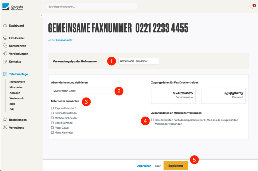 Deutsche Glasfaser Kundenkonto gemeinsame Faxnummern bearbeiten Schritt 2