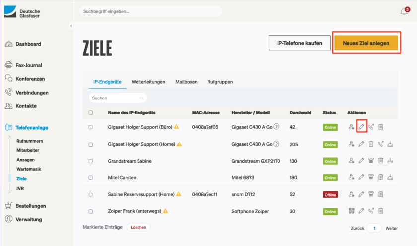 Ziele neu anlegen oder bearbeiten in der Telefonanlage