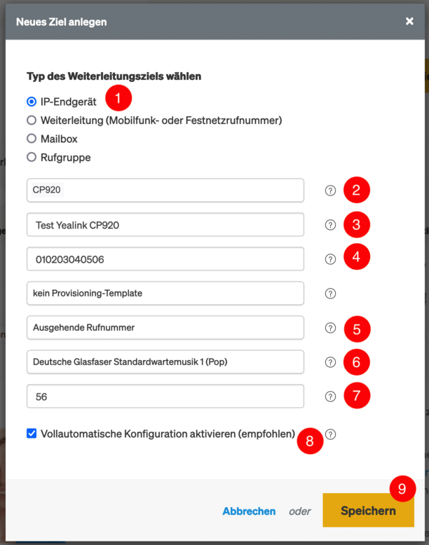 Yealink CP920 als neues Ziel anlegen