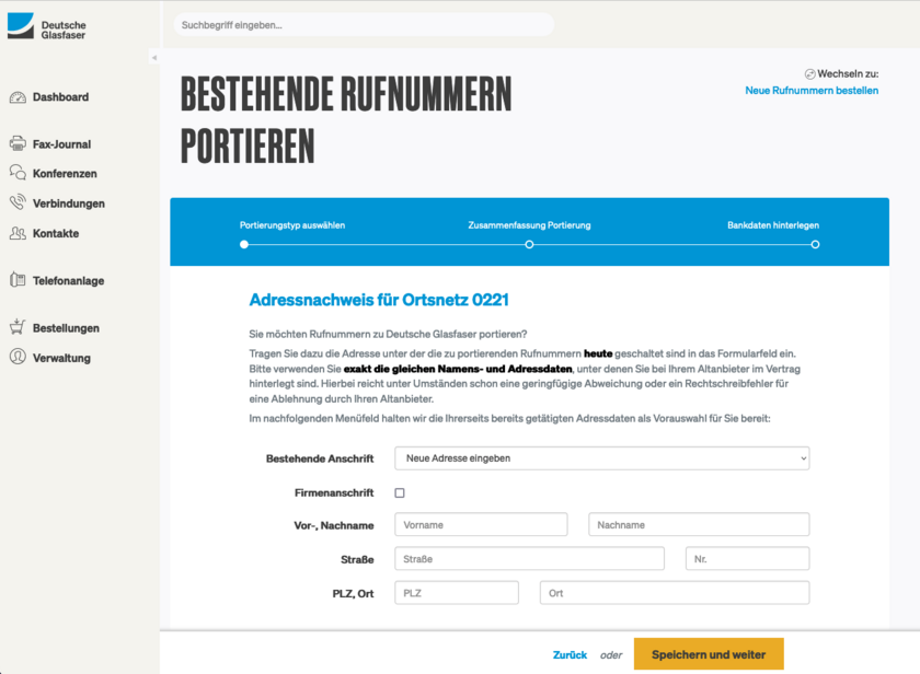Adressnachweis für das Ortsnetz