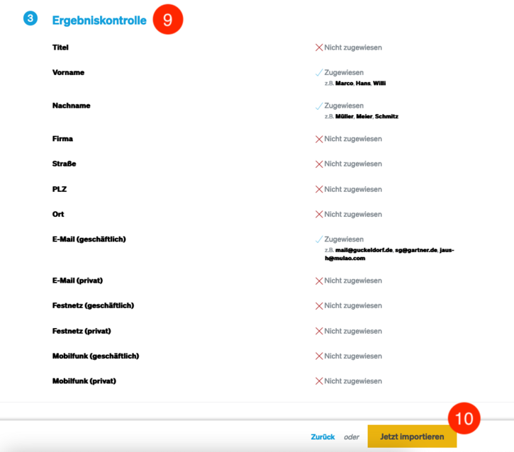 Kontaktimport per CSV: Ergebniskontrolle