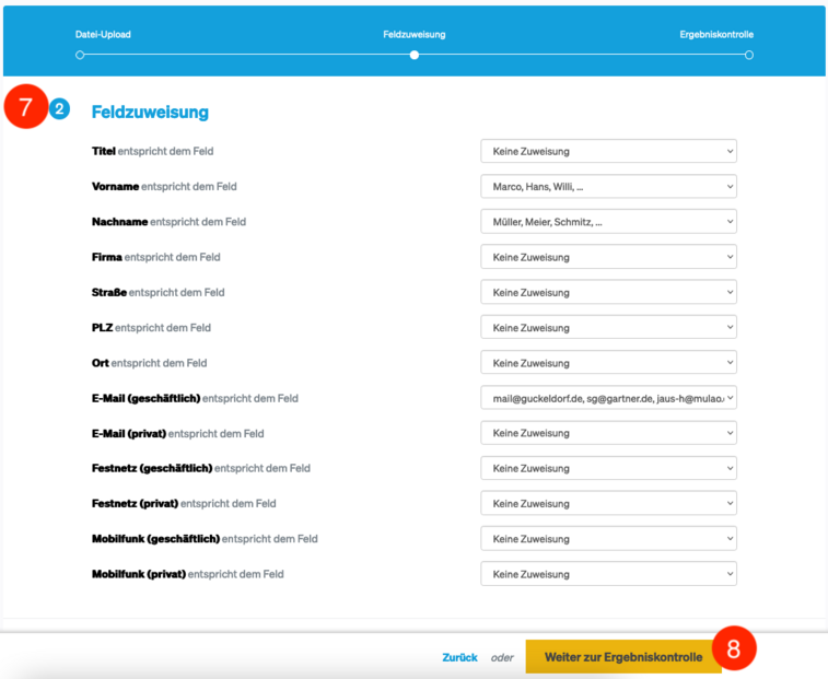 Kontaktimport per CSV: Feldzuweisung