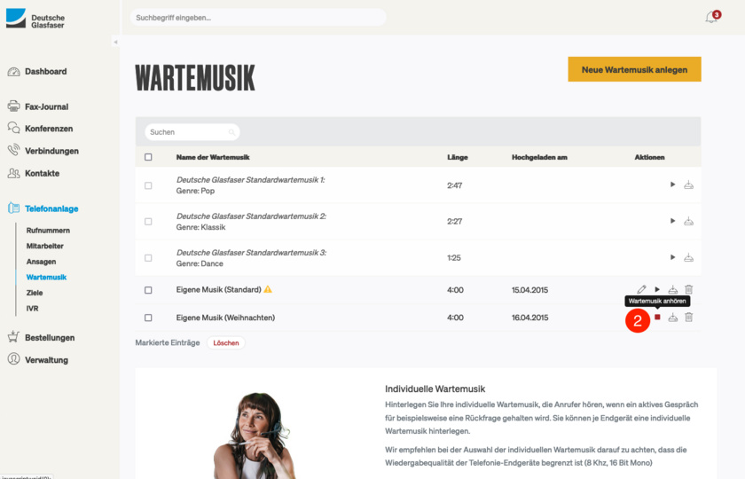 Ansicht Kundenkonto Wartemusik stoppen