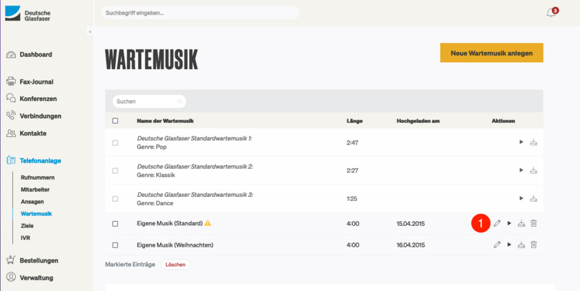 Ansicht Deutsche Glasfaser Kundenkonto Wartemusik bearbeiten Schritt 1