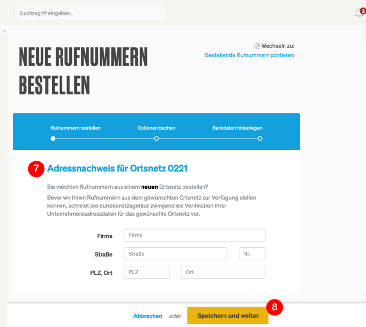 Rufnummern bestellen: Adressnachweis