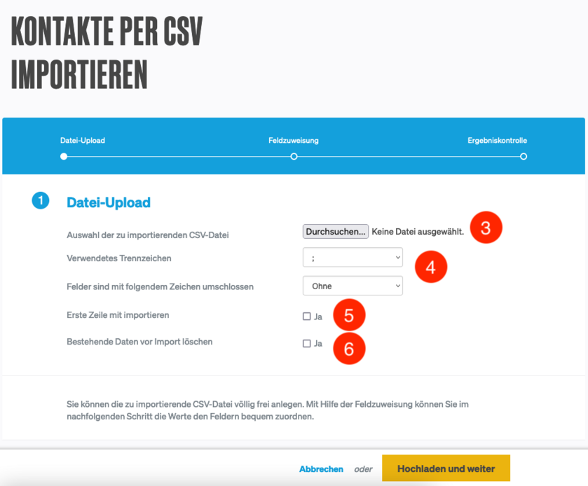 Einstellungen des CSV imports