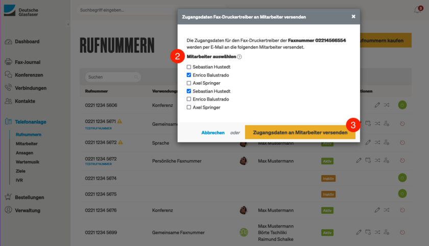 Deutsche Glasfaser Kundenkonto Zugangsdaten Fax-Druckertreiber versenden Schritt 2-3