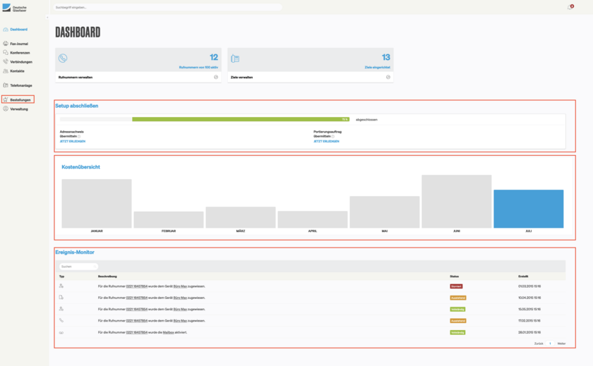 Deutsche Glasfaser Kundenkonto Dashboard Administrator-Konto 