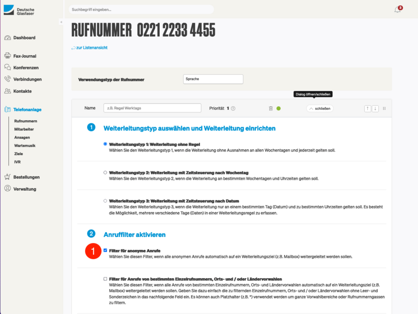 Deutsche Glasfaser Kundenkonto Anruffilter für anonyme Anrufe