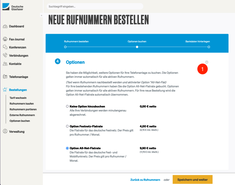 Rufnummernbestellung Optionen buchen